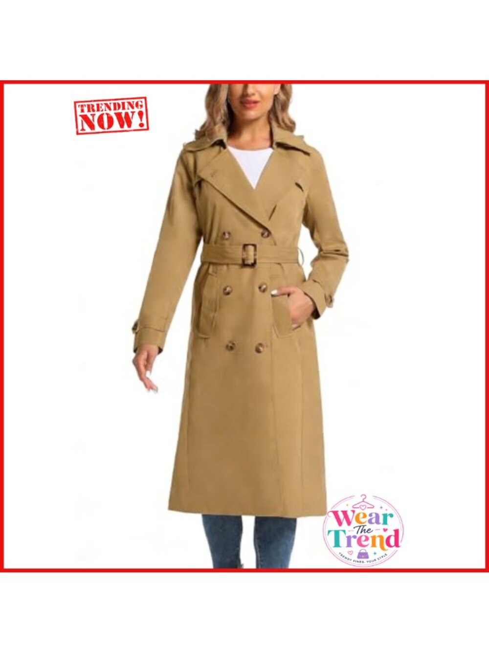 Waterproof Long Trench Coat Double Breasted Belted Hooded Slim Fit